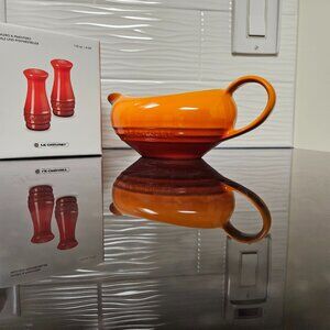 NEW Le Creuset Salt & Pepper Shakers, and gravy boat, flame (orange)